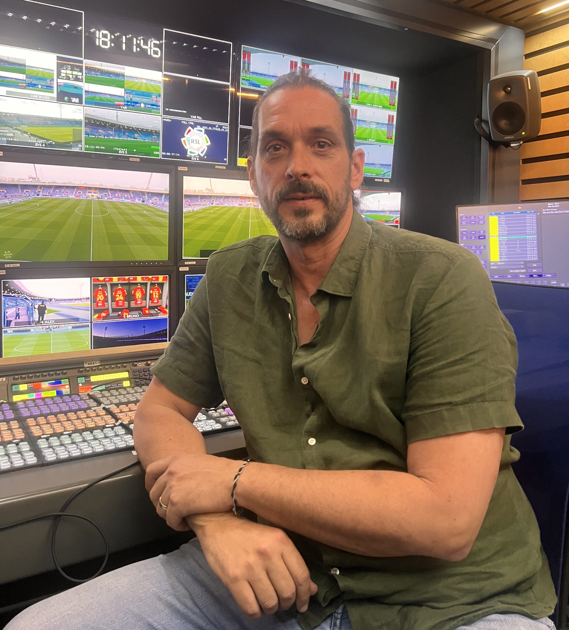 Marco Acafrao, live sports television director and founder of M&A Productions, during a football broadcast production.