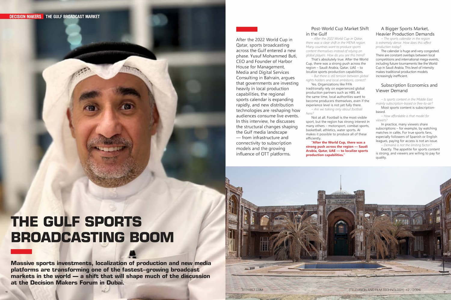 Opening spread of the Yusuf Mohammed Buti interview in TFT1957 Magazine October 2026, Issue 797